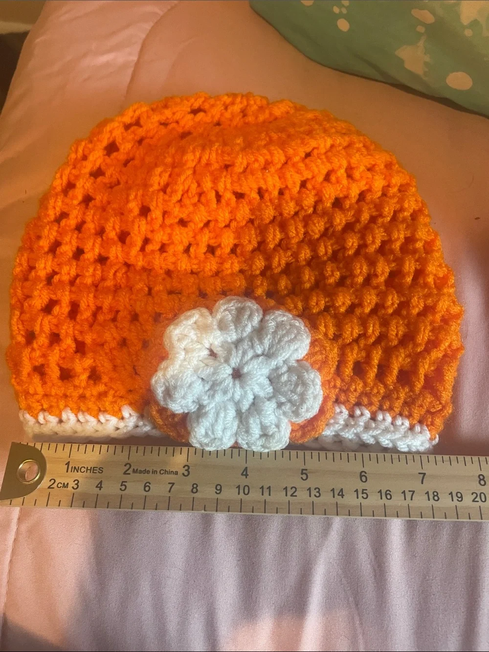 Handmade Orange Crochet Beanie with White Flower for kid